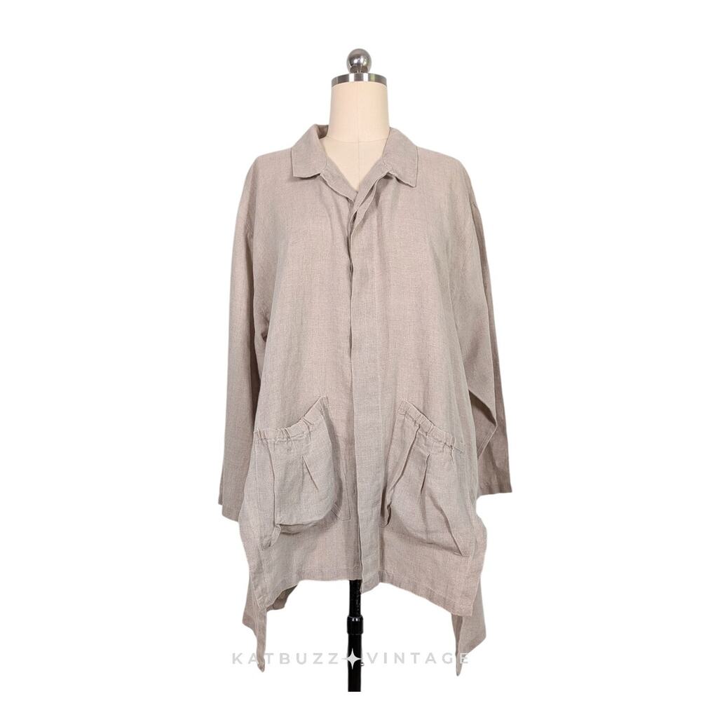 Planet Linen Jacket Tunic Button Top OS Tan Brown Khaki Natural Lagenlook Artsy